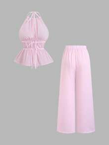 SHEIN Sweetro Spring/Summer Romantic Girl Pink Ruffle Striped Halter Loose Straight Leg Elastic Waist Pants 2 Pieces Set - Pink - View 2