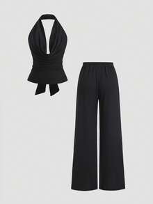 Sweetra Bộ đồ nữ dệt kim co giãn thoải mái, kiểu cổ yếm hở lưng, ống rộng dáng suông, màu đen, không tay, gồm 2 món, thích hợp cho mùa xuân/hè. - màu đen - Xem 1