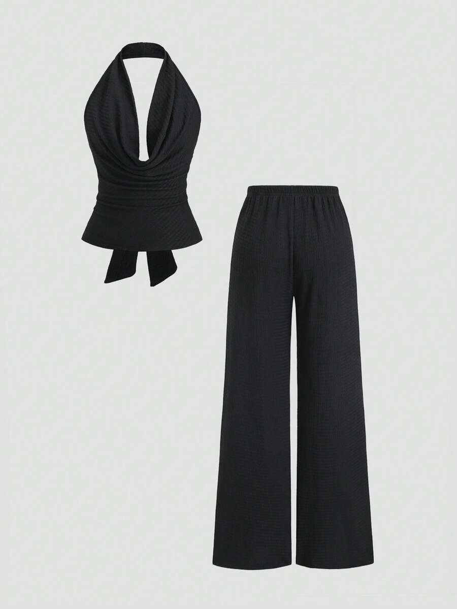 Sweetra Bộ đồ nữ dệt kim co giãn thoải mái, kiểu cổ yếm hở lưng, ống rộng dáng suông, màu đen, không tay, gồm 2 món, thích hợp cho mùa xuân/hè. - màu đen - Xem 1