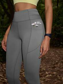 SHEIN In My Nature Quần skinny nữ cạp cao in chữ, có túi, thích hợp mặc ngoài trời. - Xám - Xem 7