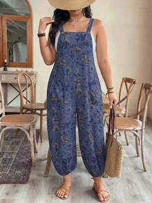 EMERY ROSE Plus Size Women's Adjustable Waist Printed Jumpsuit, Fashionable For Spring/Summer Vacation - Blue - View 7