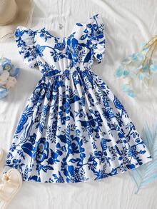 SHEIN Sparklyn 春夏少女度假时尚甜美可爱优雅大荷叶边袖度假风连衣裙，采用彩色印花面料，饰有彩色流苏，V领拼接撞色后背大蝴蝶结装饰，适合度假、派对、日常、通勤、婚礼等场合。 - 藍色 - 查看 2