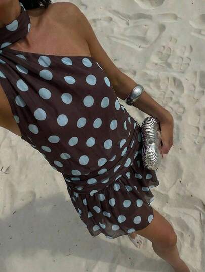 Aloruh Coffee & Blue Polka Dot Knit Print Backless Dress, Elegant Party & Holiday Dress