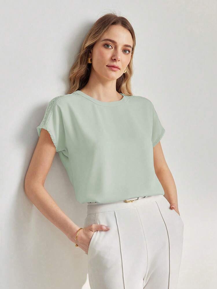 SOLID LACE INSERT BATWING SLEEVE TOP