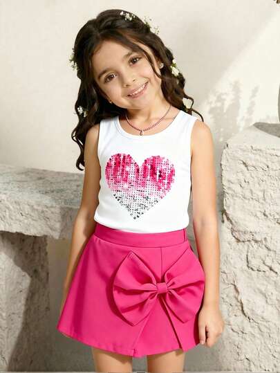 Set de 2 piezas para niñas pequeñas: Top sin mangas con corazón de lentejuelas + Camiseta de cuello redondo blanca + Pantalones cortos con falda y lazo fucsia, conjunto de verano dulce y fresco, suave y transpirable, adecuado para uso diario, salidas, fotografía, cumpleaños, conjunto casual y elegante para niñas pequeñas