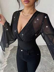 Elenzga 春夏新款优雅雪纺亮片披肩袖连体衣，亮片拼接高弹针织连体衣，专为女性设计 - 黑色 - 查看 5