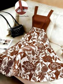 GlowEve CURVE Plus Size Women's Vintage Caramel Brown Patchwork Tropical Floral Print Square Neck Sleeveless Ruffle Hem Maxi Dress, High Waist Slimming Elegant Holiday Casual French Beach Street Daily Commute Sexy Romantic Business Date Party Spring Summer New Brown Flower Dress Brown Floral Summer Dress Women's Summer Dress Cute Summer Dress Summer Outfits Dress - Multicolor - View 1