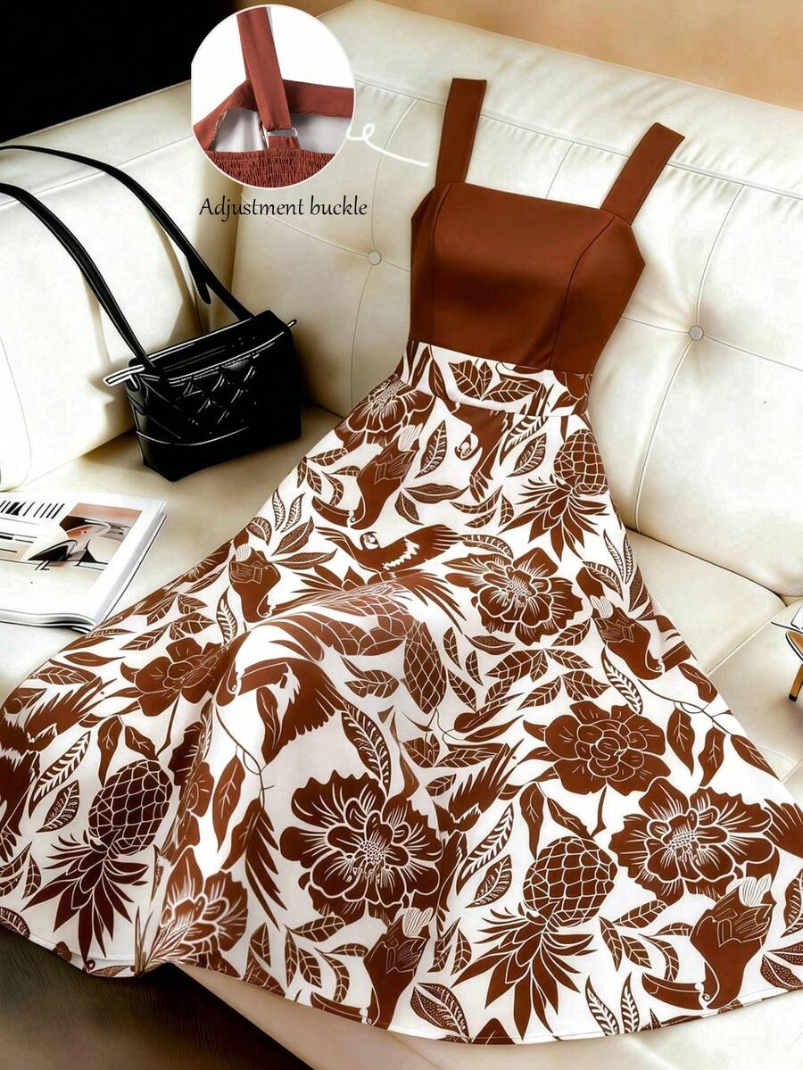 GlowEve CURVE Plus Size Women's Vintage Caramel Brown Patchwork Tropical Floral Print Square Neck Sleeveless Ruffle Hem Maxi Dress, High Waist Slimming Elegant Holiday Casual French Beach Street Daily Commute Sexy Romantic Business Date Party Spring Summer New Brown Flower Dress Brown Floral Summer Dress Women's Summer Dress Cute Summer Dress Summer Outfits Dress - Multicolor - View 1