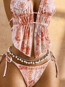 Bellisia Conjunto de bikini de dos piezas con estampado tropical lindo, cuello de halter con lazo, pantalones con lazo lateral para playa, vacaciones y fiestas casuales - Multicolor - Ver 4