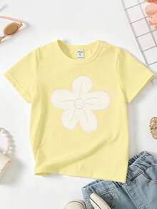 SHEIN T-shirt à manches courtes imprimé floral blanc frais et créatif pour filles, confortable pour le port quotidien au printemps, en été et en automne - Jaune citron - Voir 4
