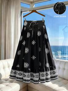 GlowEve CURVE Boho 90s Plus Size Skirt Maxi Length With Random Print And Ruffle Hem Woven Black And White Design Beach Vacation Gym Summer - Multicolor - View 1