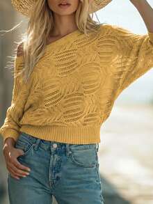 Suéter casual de mujer de cuello redondo, manga raglán, puños y bajo acanalados, con patrón calado, de ajuste holgado, nueva llegada para todas las temporadas - Amarillo Mostaza - Ver 9