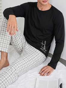 Cottnline Men's Casual Printed Long Sleeve T-Shirt And Pants Pajama Set - Black - View 3