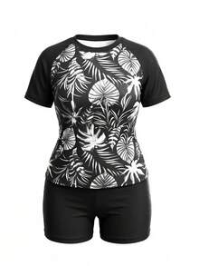 Swim Lushoire Plus Size Women's Random Print Raglan Sleeve Tankini Set For Summer Beach Vacation - Black and White - View 6