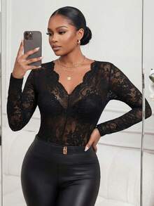 SHEIN Lady CURVE Plus Size Women's Elegant Sexy Sheer Lace Top,Ace See-Through V-Neck Long-Sleeved Black Top,Valentine's Day,Weddings & Events,Elegant,Black Top - Black - View 3