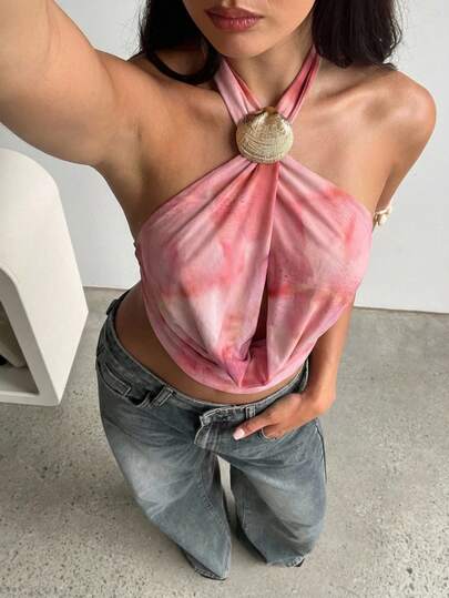 Aloruh Áo croptop nữ gợi cảm, thanh lịch, cổ chữ V khoét sâu, họa tiết nhuộm tie-dye, hở lưng.