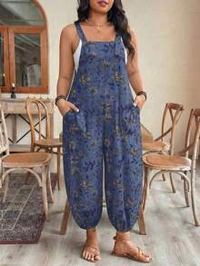 EMERY ROSE Plus Size Women's Adjustable Waist Printed Jumpsuit, Fashionable For Spring/Summer Vacation - Blue - View 5