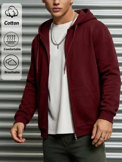Cottnline Men's Plain Color Long Sleeve Zip-Up Drawstring Hooded Casual Sweatshirt, Autumn