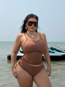 Swim SXY 2026 New Plus Size Swimsuit 2-Piece Set, Lightweight Mesh Overlay Tankini Top With Adjustable Drawstring Solid Shorts, Summer Bubble Beach Vacation - Brown - View 4