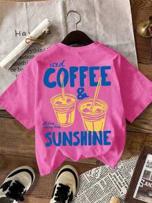 EMERY ROSE Summer Casual Coffee Letter Print Round Neck T-Shirt - Hot Pink - View 2