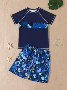 SHEIN Bộ đồ bơi hai mảnh chống nắng cho bé trai tuổi teen, tay ngắn, thích hợp cho kỳ nghỉ hè, độ tuổi 13-16. - Nhiều màu - Xem 3