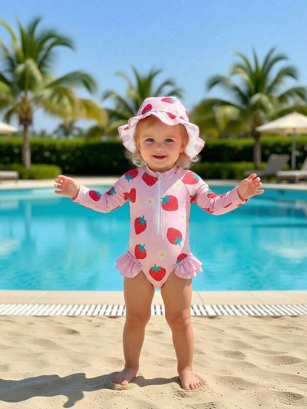 SHEIN Baby Mädchen Erdbeere & Gänseblümchen Bedruckter Badeanzug mit Rash Guard, Langarm Einteiler mit Frontzipp, Rüschensaum, Schleifen Dekor, weiches, dehnbares Material, geeignet für Säuglinge/Baby Mädchen Schwimmen, Strand, Pool, Sommerurlaub