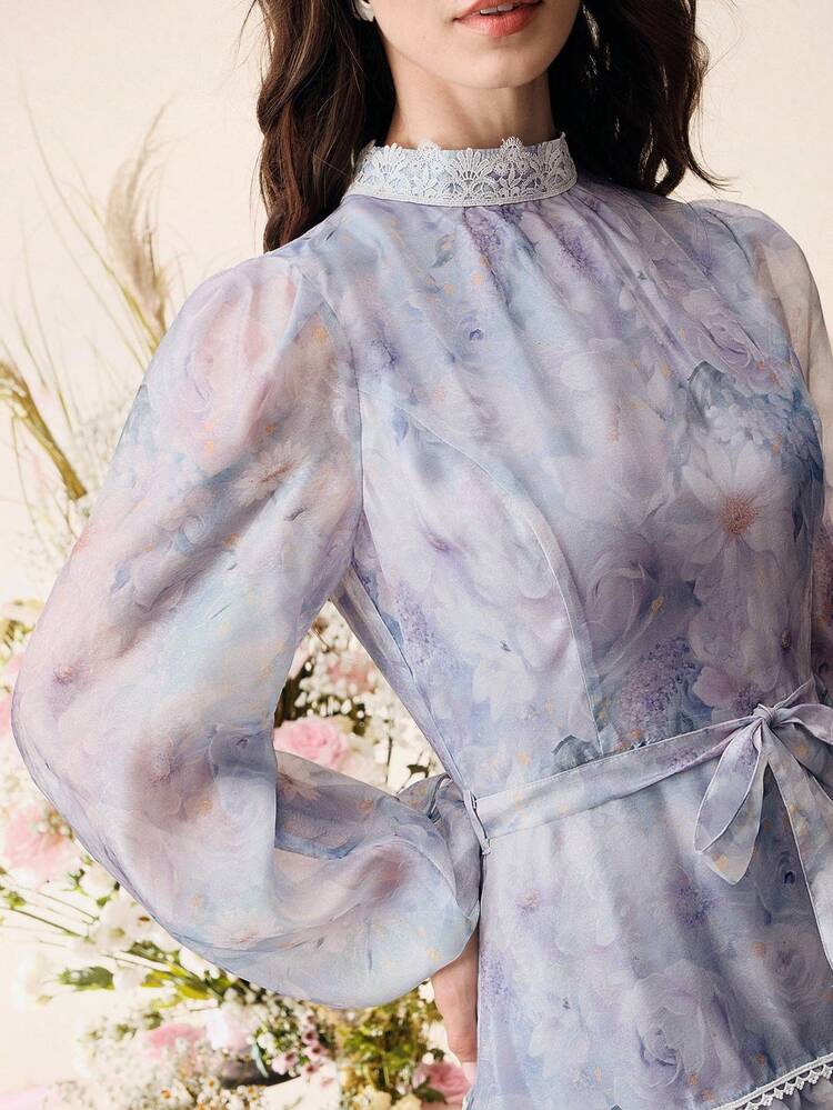 Elegant Floral Print Tencel Lace Patchwork Round Neck Lantern Sleeve Short Cake Dress, Women's Summer Holiday Outfit, Casual Dress For Women