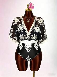 Swim Lushoire Plus Size One-Piece Swimsuit, Multicolor Positioned Floral Print, Elegant & Minimalist, Suitable For Summer Beach Vacation & Resort - Multicolor - View 6