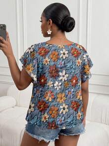 SHEIN Lady CURVE Camicia ampia da donna stile casual ed elegante, stile retrò vacanziero, con motivo floreale tropicale in lana sintetica, collo tondo, doppio strato, maniche corte, adatta per l'estate - Blu - Visualizzare 2