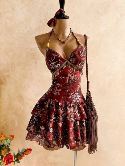 Elamini Women's Bohemian Casual Fashion Daily Versatile Mesh Paisley Print Tassel Decor Multi-Tier Ruffle Halter Tie Bow Short Dress, Spring/Summer