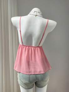 Flirla Women's Chiffon Contrast Color Lace Colorful 3D Floral Trim V-Neck Camisole, Vintage Sweet Romantic Casual Versatile For Summer Vacation Beach - Pink - View 2