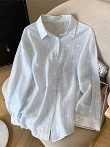 Resyla Conjunto de camisa de manga larga con hombros caídos y estampado floral de gasa holgada + pantalones cortos - Celeste - Ver 3