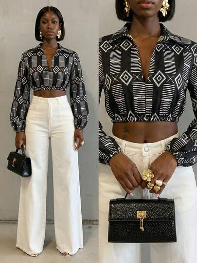 BamGlimmer Spring Valentine's Day New Year Holiday New Design Oversized Sleeve Black & White Printed Loose Blouse For Women, Fashionable Resort Hiphop Casual Style, Suitable For Travel, Daily Wear, Back To School, Party, Vacation