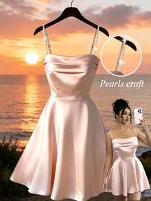 GlowEve Nuevo vestido corto elegante y versátil para uso diario, con diseño de cuentas sin mangas, de tela brillante, ajustado para mujeres jóvenes - Rosa - Ver 3