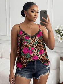 SHEIN Lady ملابس علوية كامي أنيق بطبعة الفهد والورود للصيف، قاعدة سوداء مع تصميم لحاء الدانتيل، مناسب للعطلات والمواعيد والحفلات، قمصان نسائية بطبعة الفهد والزهور والدانتيل - متعدد الألوان - View 1