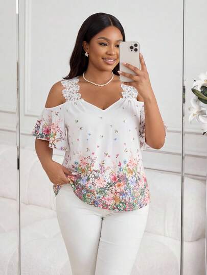 SHEIN Lady CURVE 大码女式花卉印花露肩宽松度假衬衫