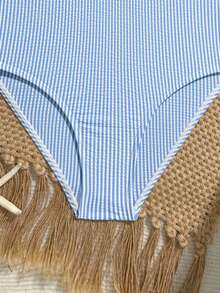 SHEIN 少女连体泳衣，可爱蓝白条纹针织面料，可调节肩带，时尚休闲优雅的连体设计，适合游泳、夏季度假、海滩、泳池、节日派对等场合。 - 藍白色 - 查看 5