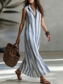 Balvessa Casual Striped Retro Vacation Sleeveless Open Front Shirt Dress, Suitable For Work And Leisure - Multicolor - View 4