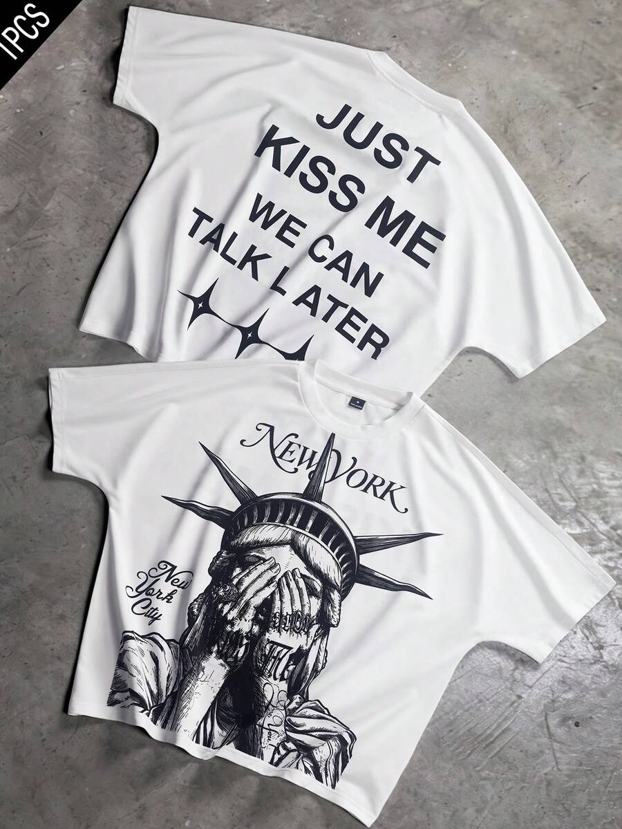 STYNVO Herr-T-shirt med rund hals och bokstavstryck, avslappnad och mångsidig kortärmad för vardagsbruk - Vitt - Visa 1