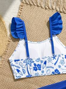 SHEIN 少女比基尼套装，可爱蓝色椰子树、五瓣花、叶子、贝壳、水流线、小船、字母、柠檬片印花，针织面料，细肩带，纯蓝色露脐上衣，印花常规泳裤，三件套泳衣，时尚休闲优雅，适合游泳、夏季、海滩、泳池、度假、假日 - 藍色 - 查看 4