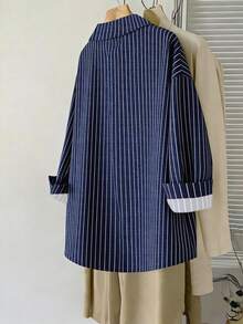 SHEIN CURVE+ Plus Size Casual Commuter Striped Shirt Fall - Blue - View 2
