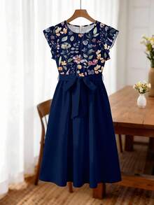 SHEIN Frenchy Gaun Lengan Pendek Motif Bunga Kasual Ukuran Besar untuk Wanita, Cocok untuk Musim Semi dan Musim Panas, Gaun Biru - MultiWarna - View 5