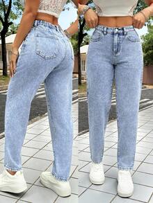 SHEIN PETITE Quần jean denim nữ dáng ôm, ống côn, dài đến 7/8, màu xanh dương, cạp thấp, dáng rộng, ống loe, quần jean nữ cỡ nhỏ. - Rửa nhẹ - Xem 1