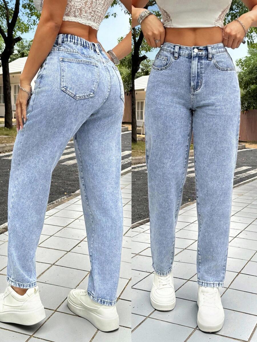 SHEIN PETITE Quần jean denim nữ dáng ôm, ống côn, dài đến 7/8, màu xanh dương, cạp thấp, dáng rộng, ống loe, quần jean nữ cỡ nhỏ. - Rửa nhẹ - Xem 1