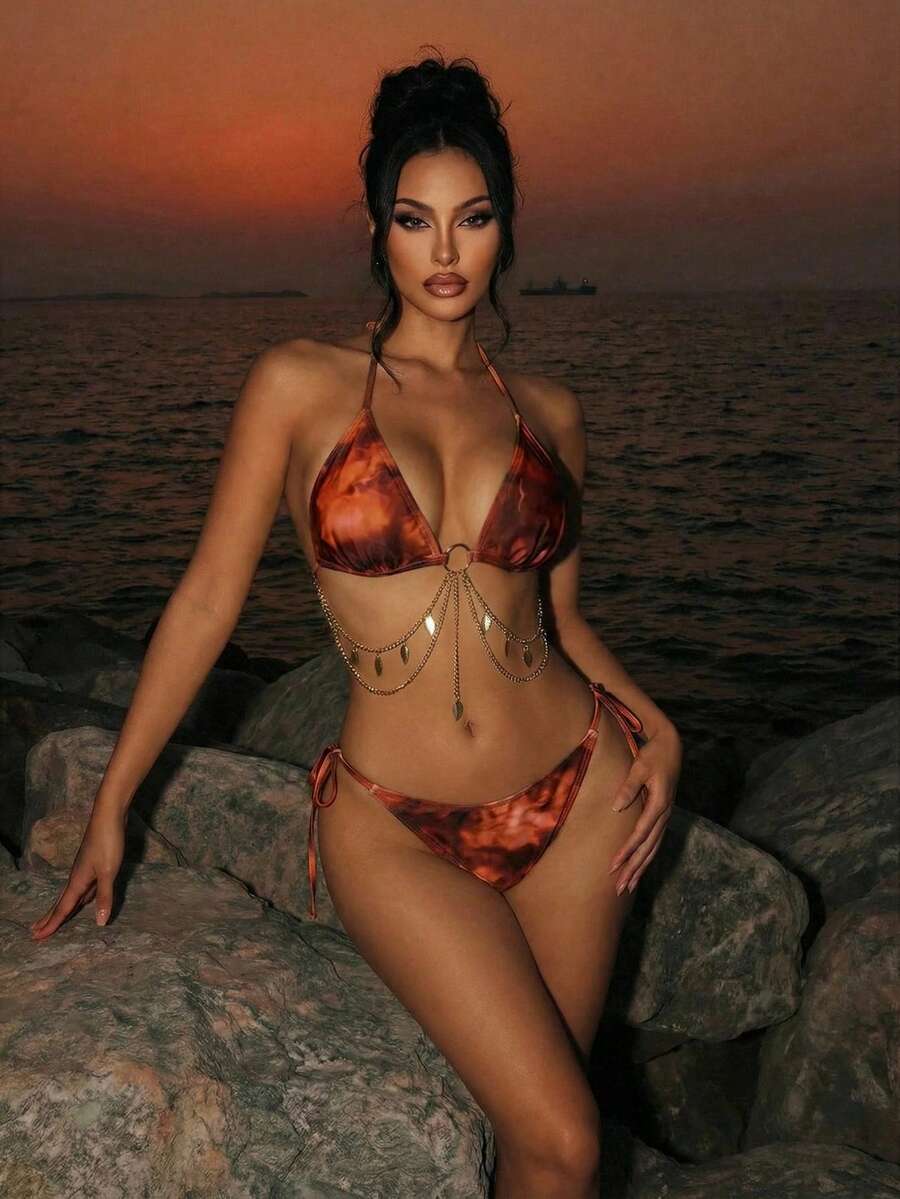 Sirith Springbreak Tie-Dye Print Chain Decor Tankini Swimsuit Set Party - Orange - View 1