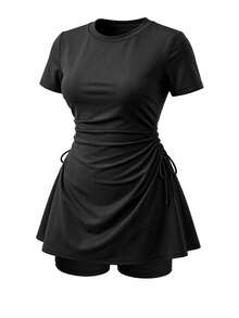 Swim Mulvari 2pcs Plus Size Women Solid Color Sleeveless Top & Shorts Modest Swimsuit Set For Summer Beach Vacation - Black - View 6