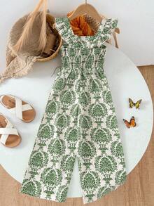 SHEIN 1 pieza Mono sin mangas con estampado floral pequeño para niña, adecuado para uso diario/salidas, primavera/verano/todo el año, conjunto para niñas pequeñas, atuendo de verano cómodo para niños - Verde - Ver 2