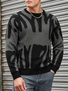 EURMUSE Men's Printed Drop Shoulder Sweater - Dark Grey - View 4