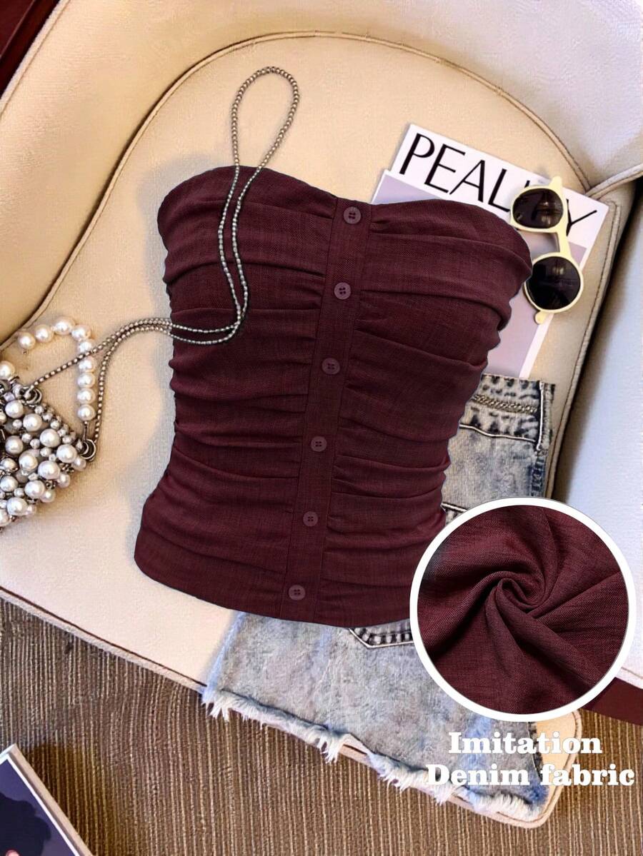 GlowEve Denim-Effect Fabric Button Decor Ruched Elegant Camisole Top For Women - Burgundy - View 1