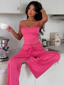 ZzzCrew Women's Satin Lace Trim Camisole And Wide Leg Pants Sleepwear Set - Hot Pink - View 1
